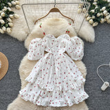 2025 Spring And Summer Sweet Shoulder Slings Bubble Short Sleeve Cherry Print Waist Dress Women's Wooden Ear Short Skirt