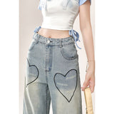Fat Mm Vintage Love Embroidered Style Jeans Women Big Size Niche Hottie Loose Thin Broad Leg Trousers