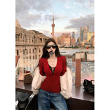 Red Sexy Pure Desire V Collar Knitted Shirt Girl Autumn New Hottie Temperament Lace With Long-Sleeved Top