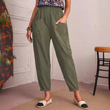 New Four-Season Cotton Nine-Point Trousers Loose Waist Slacks Slant Pocket Trousers Women