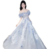 Blue Evening Dress Women's 2025 New Word-To-Shoulder Light-To-Small Day Party Adult Dress Voice Art Examination