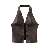 Sexy Hottie Low-Broth Open Shirt Solid Color Hanging Neck With Pu Skin Small Vest Woman