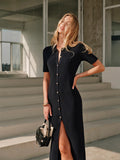 Summer New Women's Fashion Temperament Collar Single-Dcupuncture Dress Retro Knitted Long Dress