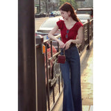 Summer Atmosphere Feeling Hong Kong Style Wearing Red V-Neck Repair Short-Sleeved T-Shirt With Temperament Micro-Tipped Jeans Women Two Sets