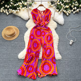 Vacation Ins Wear A Female Senior Sense Sleeveless V-Neck Tie Strap To The Belt Print Loose Broad Legs 100-Folded Jump-Fitting Trousers