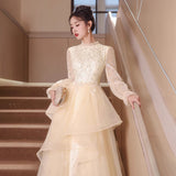 Evening Dress Light Luxury Niche Banquet Host Graduation Dress 2025 New Champagne Long-Sleeved Art Exam Dress