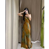 Very Long French Retro Oil Painting Wind-Daughted Sling Skirt Dress Dress Dress Dress Woman