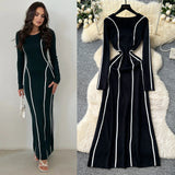 French High-End Sense Niche Fashion Side To Receive Waist Round Collar Long-Sleeved Sweater Dress Female Thin Dress