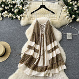 Tourism National Style Wearing Holiday Dress Retro Strap Design Spliced Flowers Hanging Loose Dress Skirt Skirt