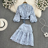 Vintage Temperament V-Neck Hollow Embroidered Lantern Sleeve Short Shirt Women Two Sets Hit High Waist Thin Word Half Skirt