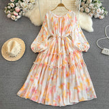 Spring And Autumn Gentle Style Temperament Long Sleeves Low Circle To Receive The Waist Thin Long A-Word Large Pendted Dress