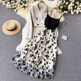 French Temperament Short Double Buckle Suit Jacket Female High-End Velvet Mesh Sling Dress Two Sets