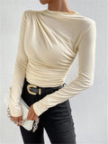 2025 Solid Color Trim Bottom Shirt Folding Design Long-Sleeved T-Shirt Lady Top