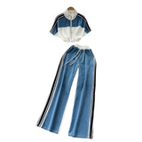 Fashion Suit Women's 2025 Summer Breeze ³é³érop Cord Short Bumper Collar Top High-Waisted Cowboy Broad Leggings