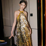 Golden New Chinese Dress Light Luxury Niche 2025 New Famous Wind Hanging Neck Heavy Industry Slew Sexy Bare Back Dress