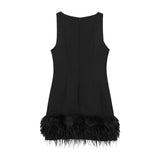 Design Sense A Dress 2025 Autumn New Standing Collar Sleeveless Solid Color Feathers Spliced Dress Dress Woman