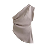 Women's Clothing 2025 Spring New Fold Design Asymmetrical Collar Three-Piece Vest Top