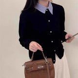 Spring And Autumn 2025 Korean Version Of Temperament Age-Old Women's Design Sense Fashion Texture Splicing Fake Two Knitted Open Shirt