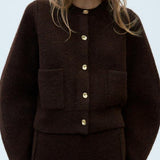 Spring 2025 New Women's Gold Buckle Pocket Dress Short Long-Sleeved Knitted Jacket