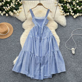 Summer French Retro Folding Sling Dress Female High Waist Show Leaning Vacation Dress 0285