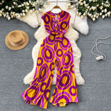 Vacation Ins Wear A Female Senior Sense Sleeveless V-Neck Tie Strap To The Belt Print Loose Broad Legs 100-Folded Jump-Fitting Trousers
