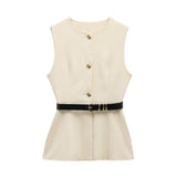 Spring 2025 New Women's Round-Neck With Sleeveless Belt Vest Women's Top