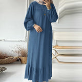 2025 Muslim Women's Robes Spring And Autumn New Fashion Bubble Sleeves Retro Pocket Hem Side Dress
