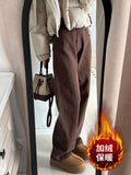Brown Jeans Women Plus Velvet Thick 2025 Autumn And Winter High-Waisted Narrow Version Of Straight Trousers Small Drag Broad Leg Pants