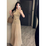 Apricot High-Waisted Folding Skirt Dress Girl 2025 Spring Lanky Wind Hanging Feeling Big Skirt A Word Long Skirt