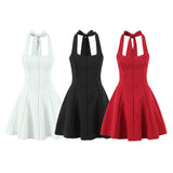 French Style Collar Slings Waist Retro Skirt Dress Party Wide Swing Spliced Hanging Neck Miniskirt