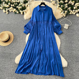 Artistic Retro Casual Dress Women's 2025 Spring Folding Lantern Sleeve Casual Loose Single-Dripple Shirt Long Dress