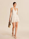 2025 New Women's White Lace Dress French Sleeveless Hanging Neck V-Neck Dress