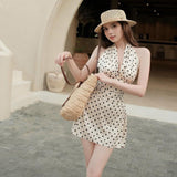 2025 Summer Fashion New Women's Fashion French Sexy Hanging Back Wave Print Design Feel Waist Dress