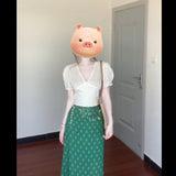 Ultra-Good View Of The Unique Beautiful V-Neck Bubble Sleeve Shirt For Women's Summer New Green Floral Skirt Set