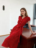 French Red Dot V-Neck Women's Short-Sleeved Dress Summer Single Buckle Tie With Thin A-Word Mid-Long Dress