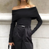 Design Sense Knitted Top Women's Sexy Hot Girl A Word Shoulder Knitted Shirt T-Shirt T-Shirt Sweater Woman