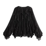 Spring 2025 New Women's V-Neck Single Buckle Long-Sleeved Cascade Decorative Shirt 10 Colors