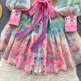 2025 Spring Dress Women's New Dress Elegant Collar Lantern Sleeves To Close The Waist Print Lotus Leaf Side Skirt