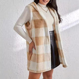Autumn And Winter Fashion Burst Temperament Cardigan Two-Color Lattice Hooded Lady Plush Vest Coat Woman
