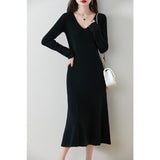 V-Necked Cashmeat Dress Women's Autumn And Winter New Set Long Sleeves Leisure Long A Dress Wool Knitted Long Dress