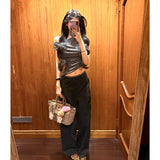The Atmosphere Is Thin Wear With Striped Slanted Shoulder Slim Short-Sleeved T-Shirt Lattice Spliced Design Sense Loose Pants Set