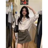 Korean High-End Lace Pocket Design Shirt Women Spring New High-Waisted Work Clothes Half Short Skirt Two-Piece