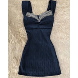 Blue Lace Stitched Knitted Sling Vest Dress Women's New Retro Ass Skirt