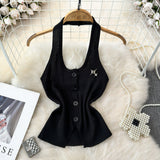 Fashion Design Feeling Hanging Neck Dew Single Buckle Slim Thin Knit Vest Women Wear Gas Bottom Shirt