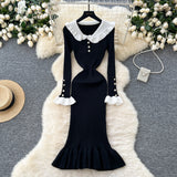Autumn New Retro Bumpy Dolls To Receive Waist Knitted Dress Female Elastic Temperament Lotus Leafy Dress
