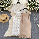 French Court Feng Sleeve Lace Dress Hollow Hook Butterfly Tie Sling Temperament Elegant Dress