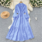 Vintage Fashion Casual Long-Sleeved Shirt Dress Women Loose Tidive With Long Skirt 0515