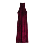 Women's Clothing 2025 Spring Festive Dress Hanging Neck Collar Silk Texture Dew Back Dress