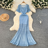 Korean Women's Clothing Holiday Wear Gentle Wind Hollow Hook Flower Knitting Dress + Sling Skirt
