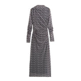 Women's Clothing 2025 Spring New Printing Mesh Collar Long Sleeve Folded Long Dress